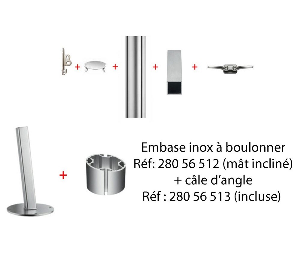 mât aluminium pour voile d'ombrage avec embase inox inclinée